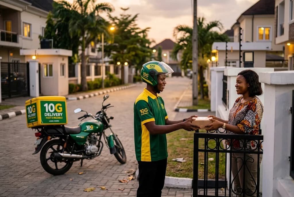 A 10th Gear rider handing a parcel to a customer at her gate