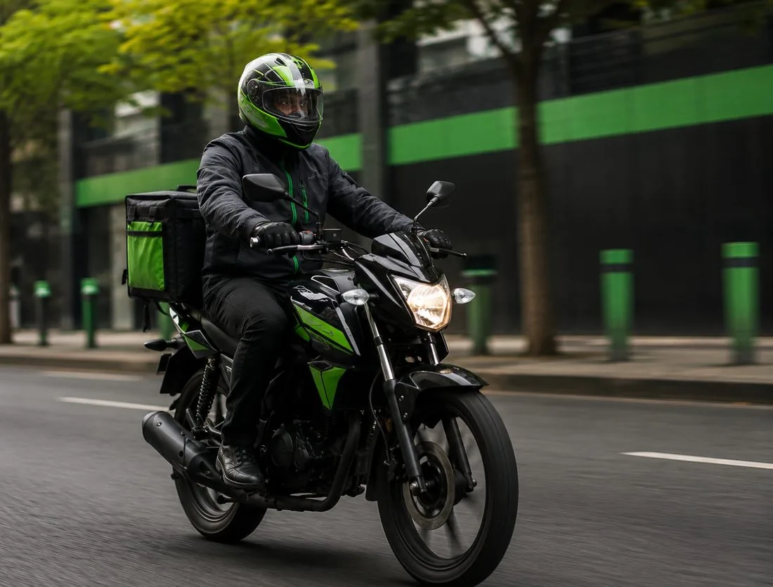 A 10th Gear courier on a motorcycle with a green rear delivery box